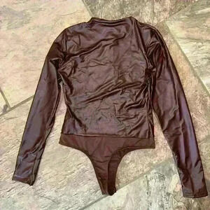 NWT Faux Leather Mock Neck Bodysuit in Cocoa